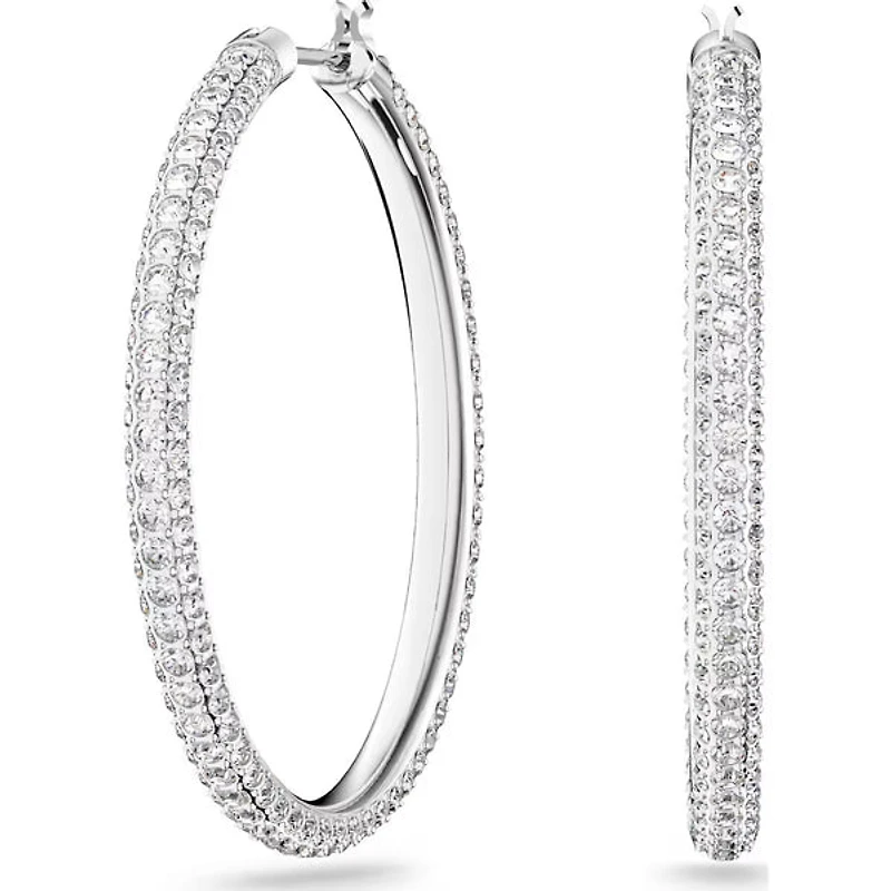 Dextera - Stone hoop earrings, Pavé, Large, White, Rhodium plated - 5389432