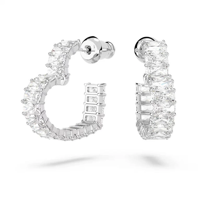 Swarovski Matrix hoop earrings, Baguette cut, Heart, Small, White, Rhodium plated - 5653170/5689693 (SS)