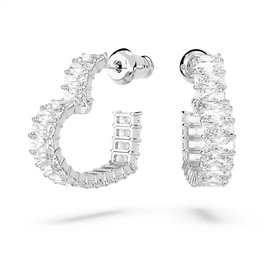 Swarovski Matrix hoop earrings, Baguette cut, Heart, Small, White, Rhodium plated - 5653170/5689693 (SS)