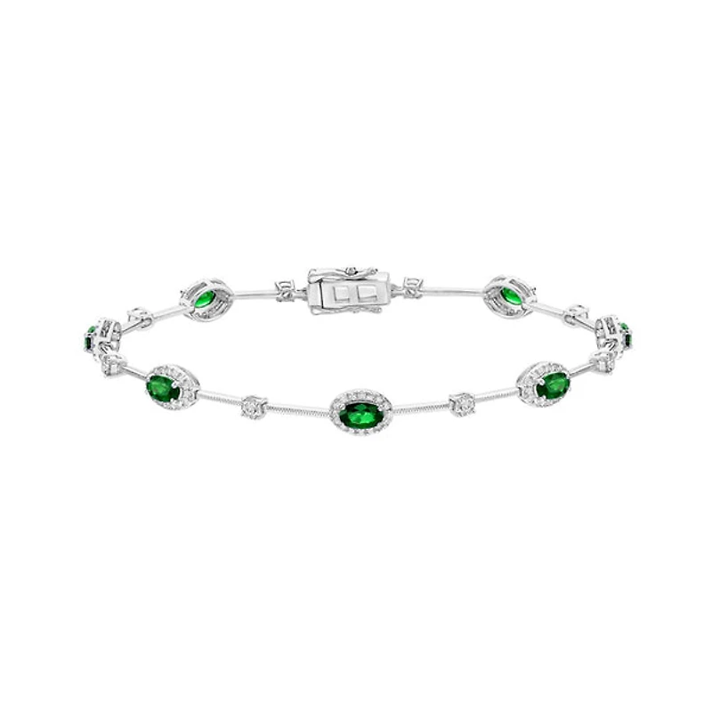 14K White Gold Halo Emerald & Diamond Bracelet