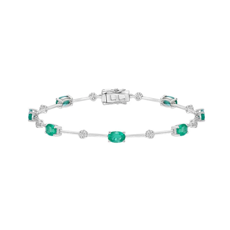 14K White Gold Prong Emerald & Diamond Bracelet