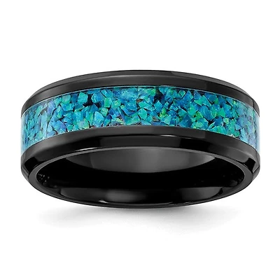 Chisel® 8mm Blue Imitation Opal Inlay Black Zirconium Polished Band - Size 7 to 13 - 11