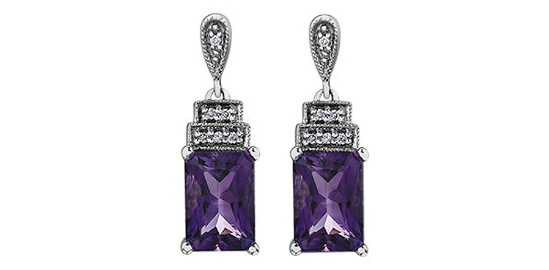 10K White Gold 1.80cttw Amethyst and 0.03cttw Diamond Dangle/Drop Earrings