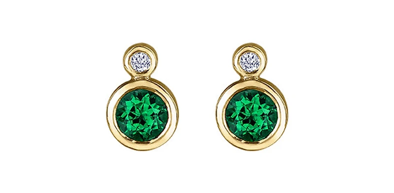 10K Yellow Gold Emerald and 0.01cttw Diamond Earrings