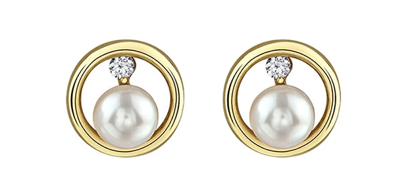 10K Yellow Gold Canadian Diamond and Pearl Earrings 0.06cttw