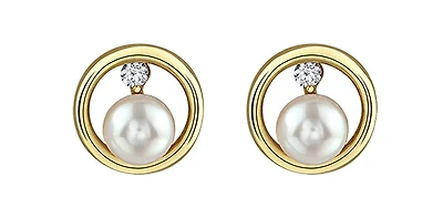 10K Yellow Gold Canadian Diamond and Pearl Earrings 0.06cttw