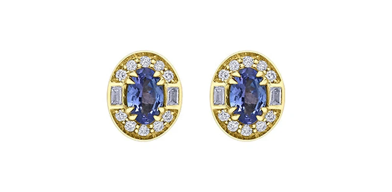 10K Yellow Gold Tanzanite , White sapphire and Diamond Earrings - yellow gold