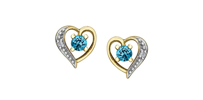 10K Yellow Gold Blue Topaz and Diamond Heart Stud Earrings