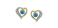 10K Yellow Gold Blue Topaz and Diamond Heart Stud Earrings