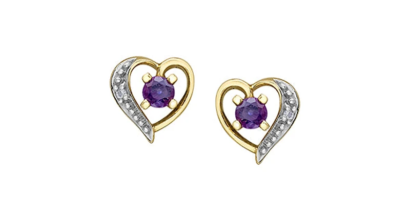 10K Yellow Gold Amethyst and Diamond Heart Stud Earrings