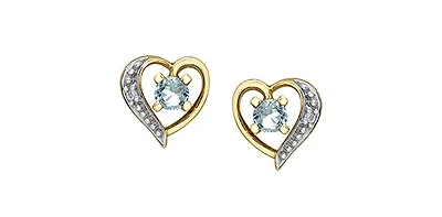 10K Yellow Gold Aquamarine and Diamond Heart Stud Earrings