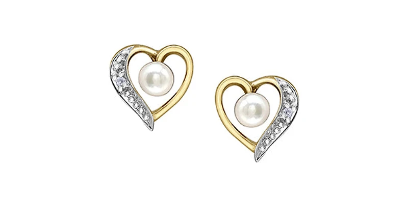 10K Yellow Gold Pearl and Diamond Heart Stud Earrings