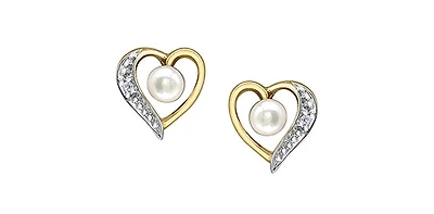 10K Yellow Gold Pearl and Diamond Heart Stud Earrings