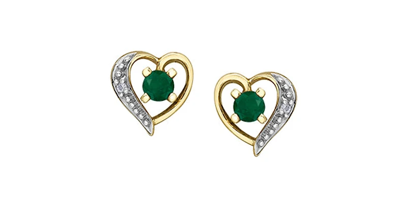 10K Yellow Gold Emerald and Diamond Heart Stud Earrings