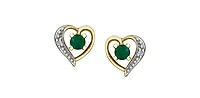 10K Yellow Gold Emerald and Diamond Heart Stud Earrings