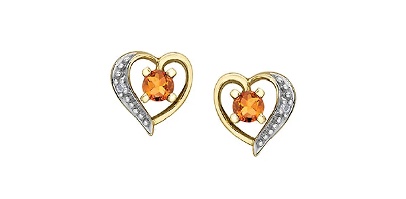 10K Yellow Gold Citrine  and Diamond Heart Stud Earrings