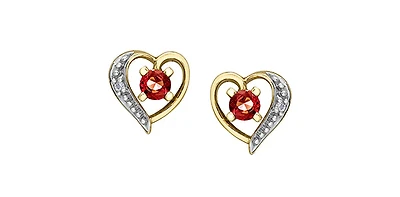10K Yellow Gold Garnet and Diamond Heart Stud Earrings