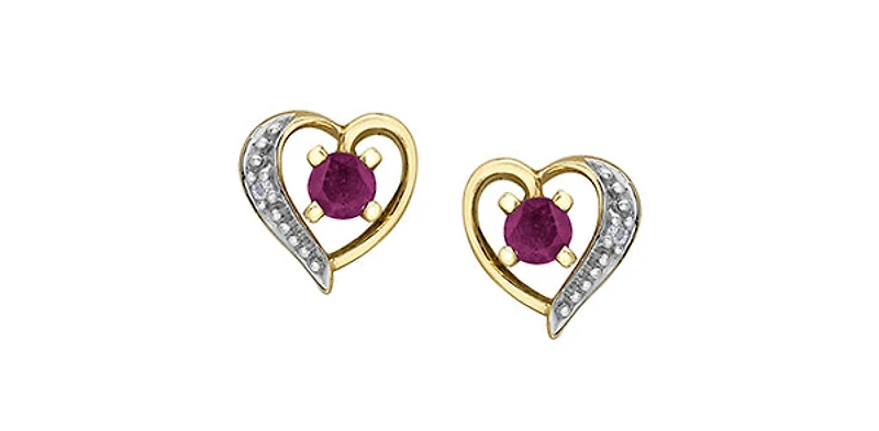 10K Yellow Gold Ruby and Diamond Heart Stud Earrings