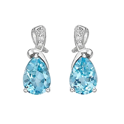 10K White Gold Prong-set Blue Topaz Earrings with Diamond Accent