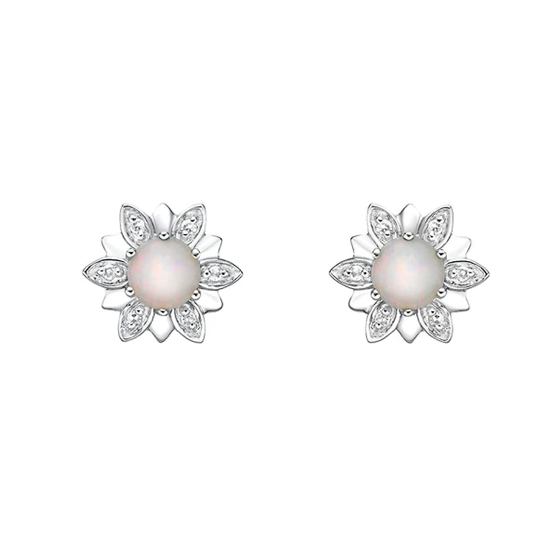 10K White Gold Prong-set White Opal Earrings with Diamond Accent