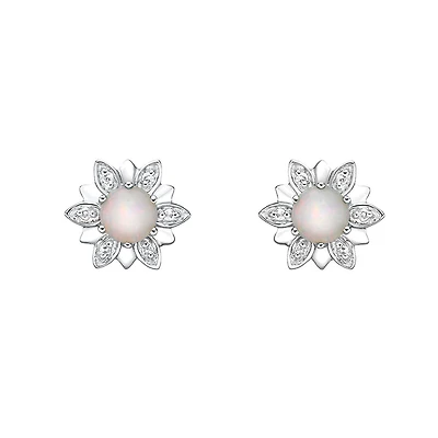 10K White Gold Prong-set White Opal Earrings with Diamond Accent