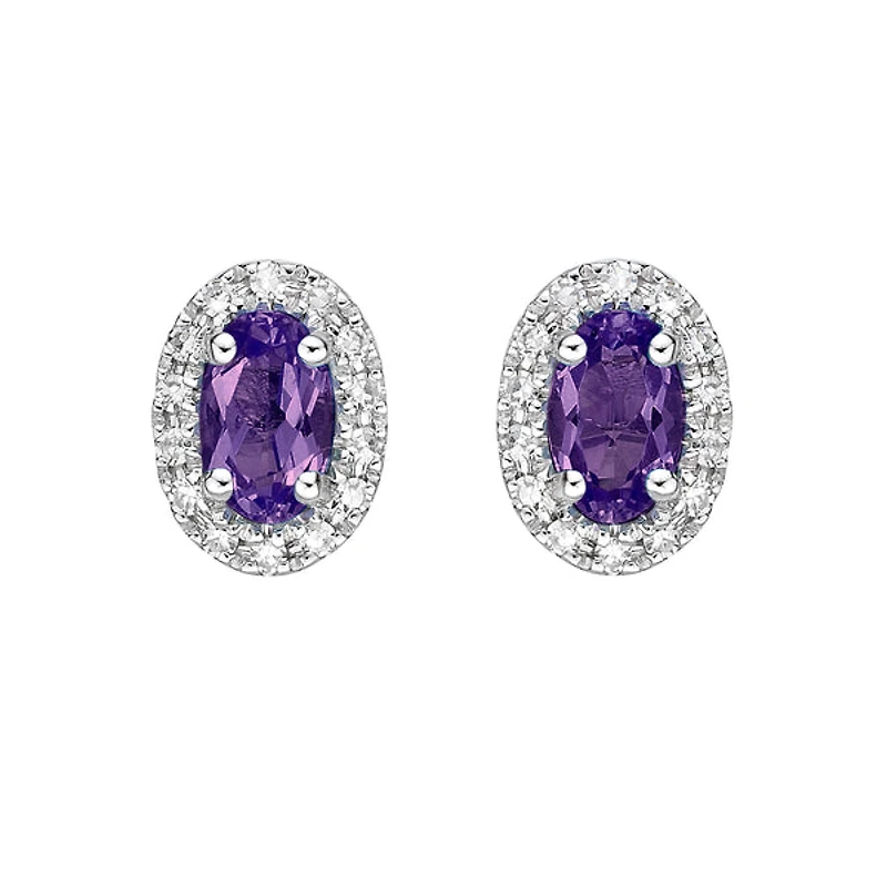10K White Gold Prong-set Oval Amethyst Earrings with Diamond Halo