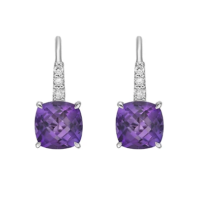 10K Gold Prong-set Cushion Amethyst Earrings with Diamond Accent
