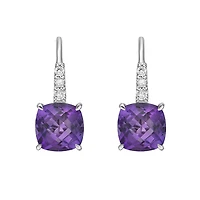 10K White Gold Prong-set Cushion Amethyst Earrings with Diamond Accent