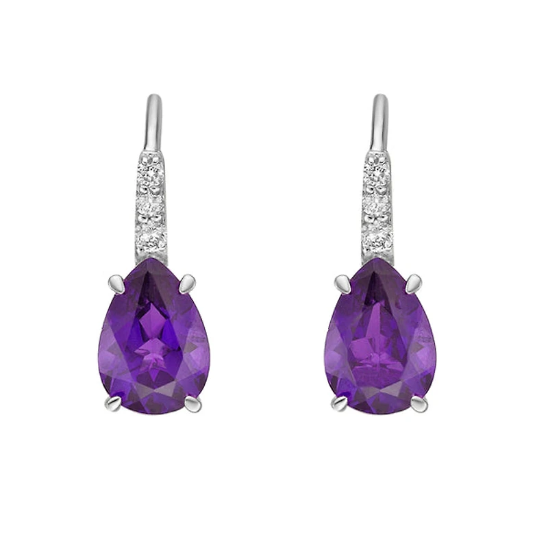 10K White Gold Prong-set Pear Amethyst Earrings with Diamond Accent