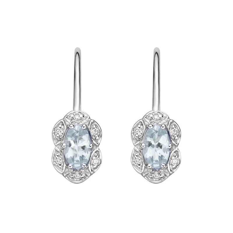10K White Gold Prong-set Aquamarine Earrings with Diamond Halo