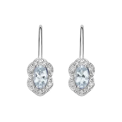 10K White Gold Prong-set Aquamarine Earrings with Diamond Halo