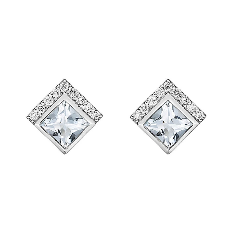 10K White Gold Bezel-set Aquamarine Earrings with Diamond Accent
