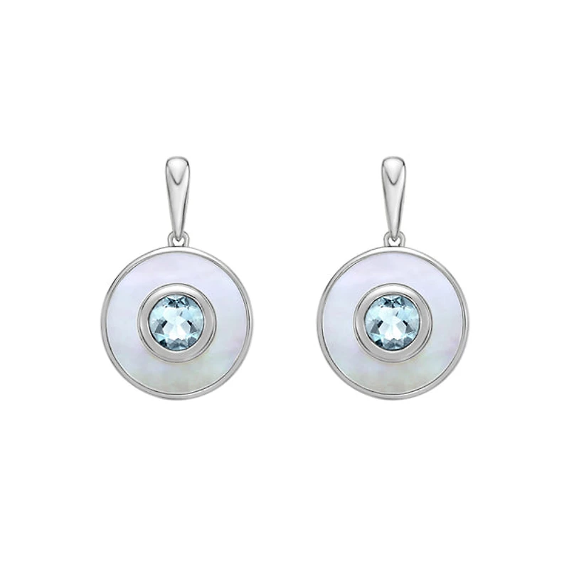 10K White Gold Round Aquamarine and Mother of Pearl Earrings