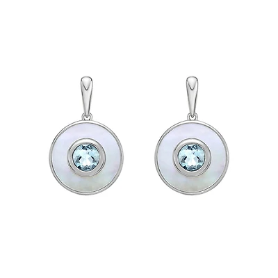 10K White Gold Round Aquamarine and Mother of Pearl Earrings