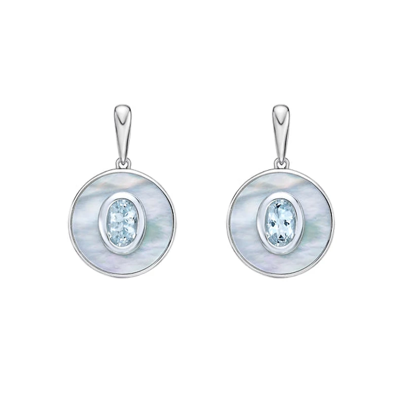 10K White Gold Oval Aquamarine and Mother of Pearl Earrings
