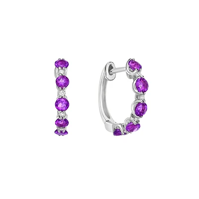 10K White Gold Prong-set Amethyst & Diamond Hoop Earrings