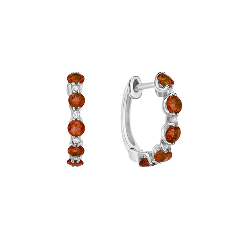 10K White Gold Prong-set Garnet & Diamond Hoop Earrings 0.05cttw