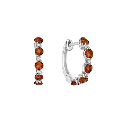 10K White Gold Prong-set Garnet & Diamond Hoop Earrings 0.05cttw