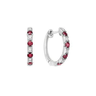 10K White Gold Classic Ruby & Diamond Hoop Earrings 0.04cttw