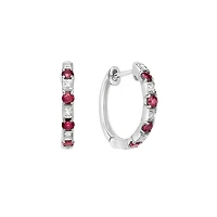 10K White Gold Classic Ruby & Diamond Hoop Earrings 0.04cttw