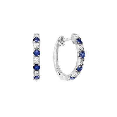 10K White Gold Classic Sapphire & Diamond Hoop Earrings 0.04 cttw
