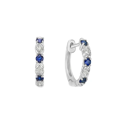 10K White Gold Classic Sapphire & Diamond Hoop Earrings 0.06cttw