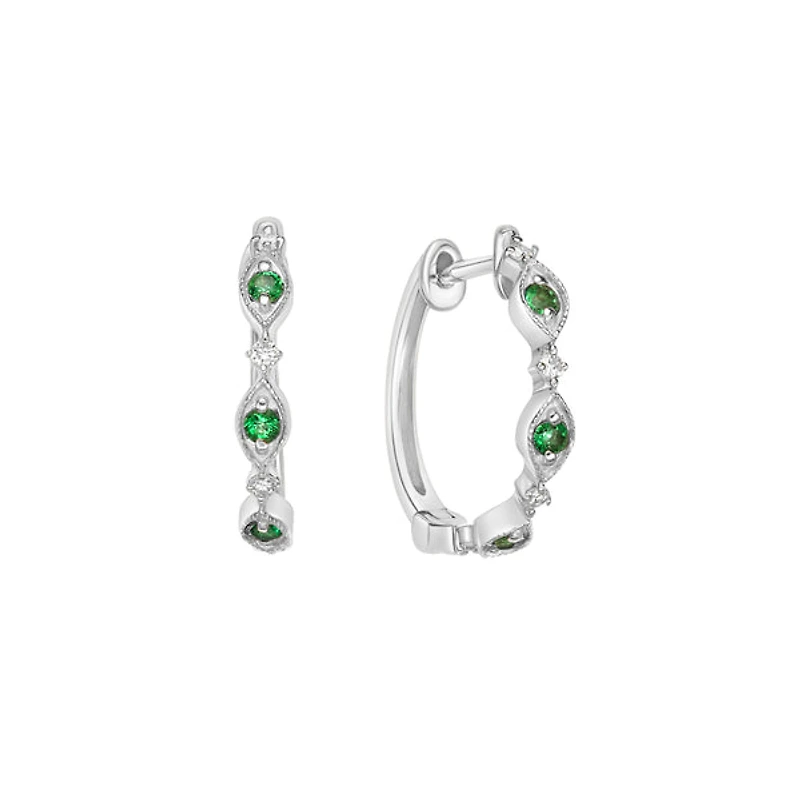 10K White Gold Classic Emerald & Diamond Hoop Earrings 0.07cttw
