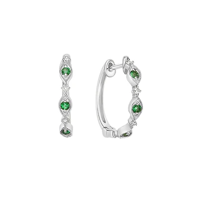 10K White Gold Classic Emerald & Diamond Hoop Earrings 0.07cttw