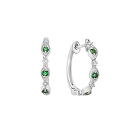 10K White Gold Classic Emerald & Diamond Hoop Earrings 0.07cttw