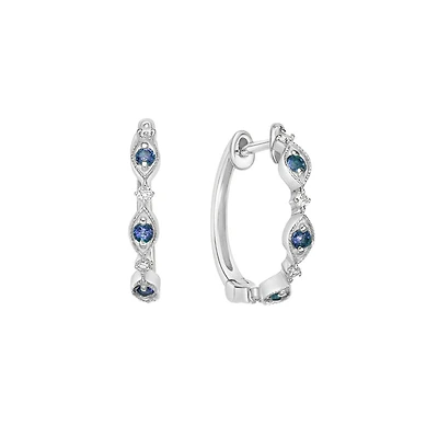 10K White Gold Classic Sapphire & Diamond Hoop Earrings 0.07cttw