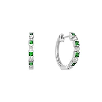 10K White Gold Classic Emerald & Diamond Hoop Earrings with Squares