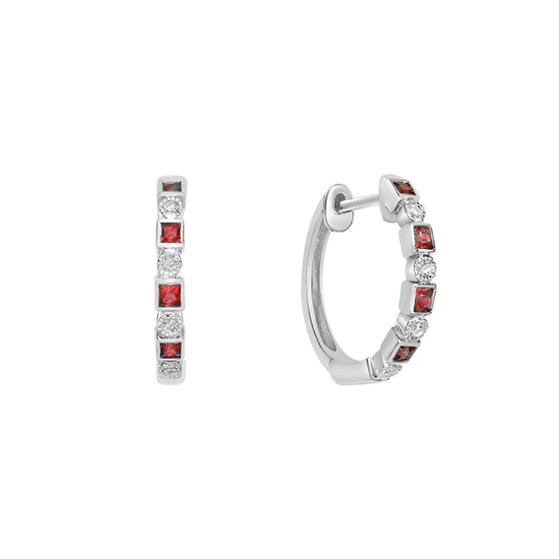 10K White Gold Classic Ruby & Diamond Hoop Earrings with Squares