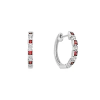 10K White Gold Classic Ruby & Diamond Hoop Earrings with Squares