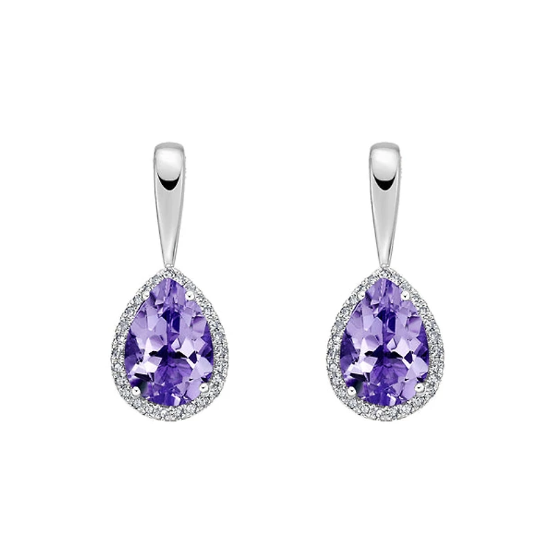 10K White Gold Prong-set Amethyst Earrings with Diamond Halo